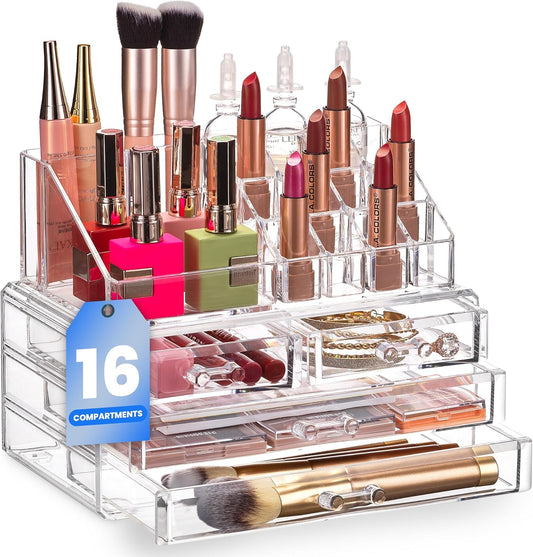Clear Makeup Organizer with 4 Drawers 16 Compartments, Countertop
