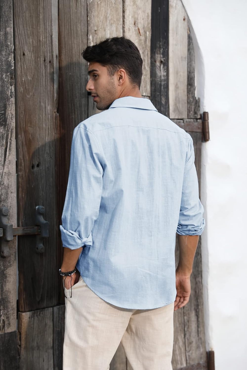Mens Button down Shirt Linen Cotton Shirts Casual Long Sleeve Tops