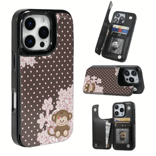 A Monkey with a Bow against a Brown Background Textured Leather Card Holder Phone Case - Compatible with the 17 Pro Max/Air/16/15/14/13/12/11 Series, as Well as the S22/S23/S24/25 Series. an Ideal Gift Choice For.
