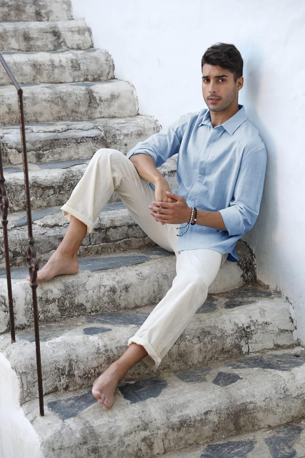 Mens Button down Shirt Linen Cotton Shirts Casual Long Sleeve Tops