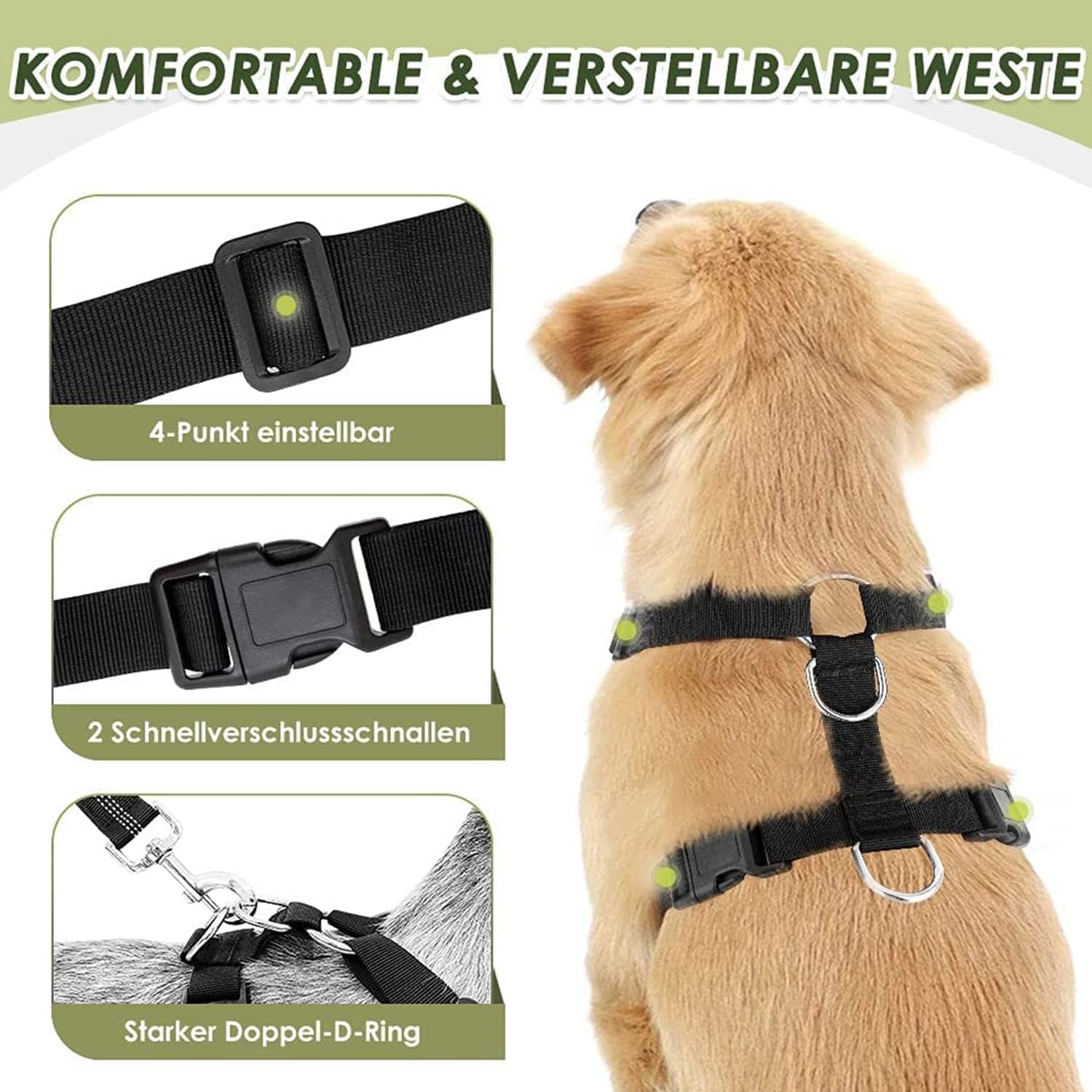 Dog Car Harness Seat Belt, Harness & Seatbelt with 2 in 1 Buckle