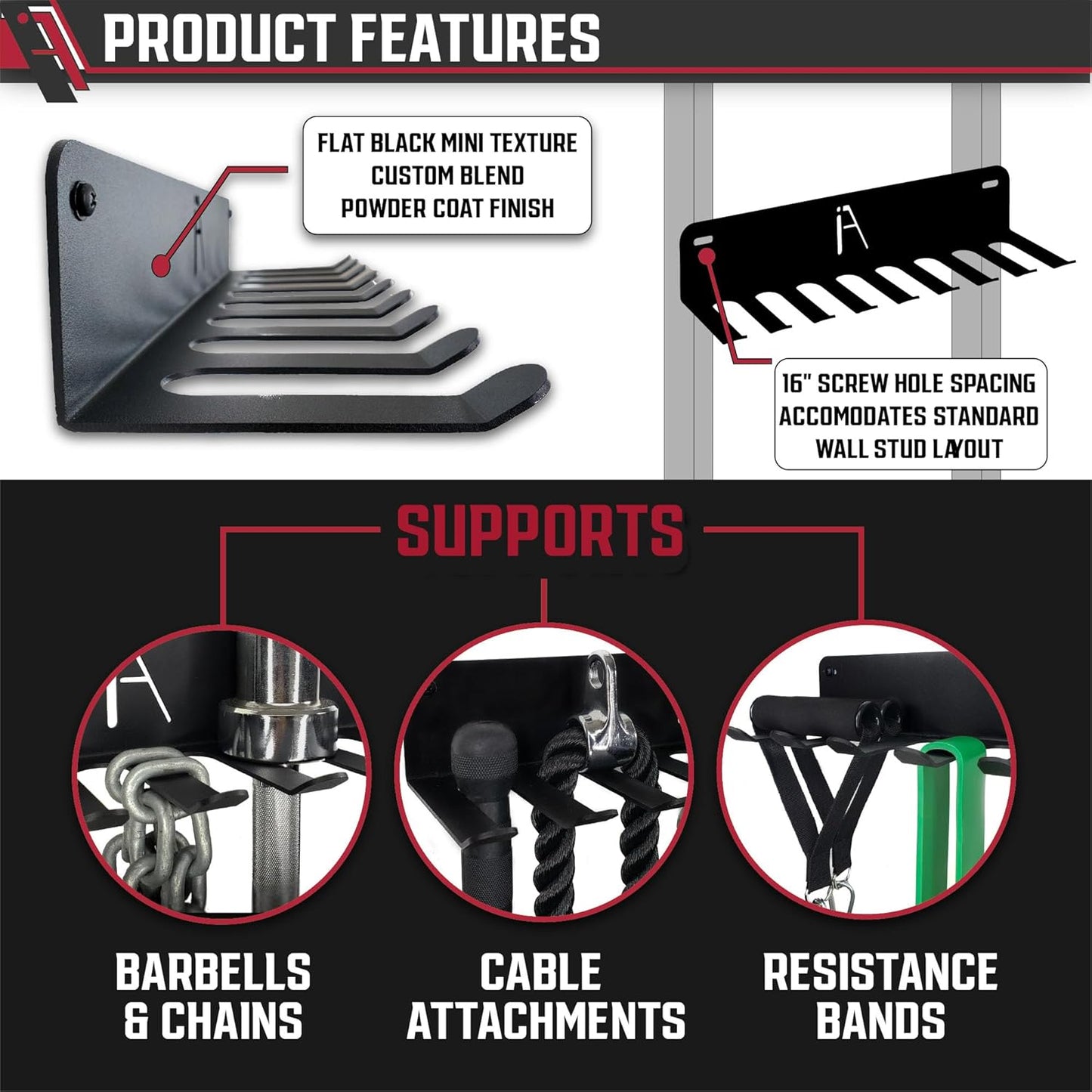 Heavy-Duty Multi-Purpose Gym Storage Rack for Lifting Belts, Chains, Exercise Bands, and Jump Ropes (Includes Mounting Hardware)