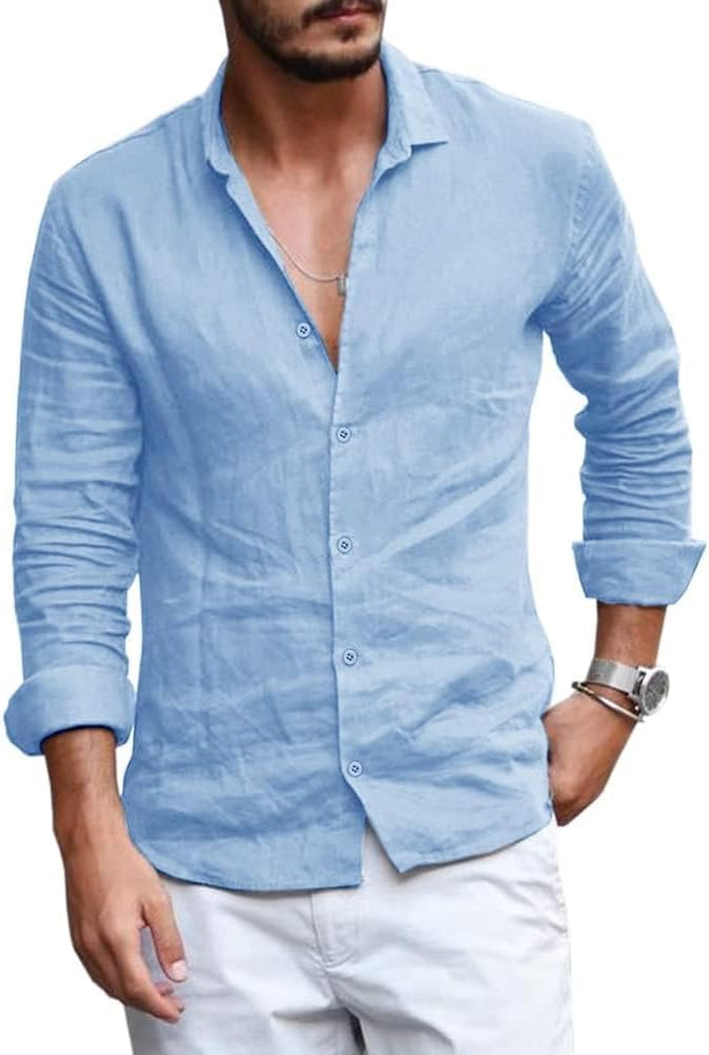 Mens Button down Shirt Linen Cotton Shirts Casual Long Sleeve Tops